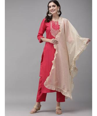 Indo Era Pink Embroidered Straight Kurta Trouser With Dupatta Set 1
