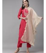 Indo Era Pink Embroidered Straight Kurta Trouser With Dupatta Set