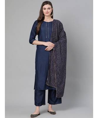 Indo Era Navy Blue Solid Straight Kurta Palazzo With Dupatta Sets 1