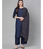 Indo Era Navy Blue Solid Straight Kurta Palazzo With Dupatta Sets