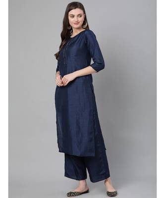 Indo Era Navy Blue Solid Straight Kurta Palazzo With Dupatta Sets 2