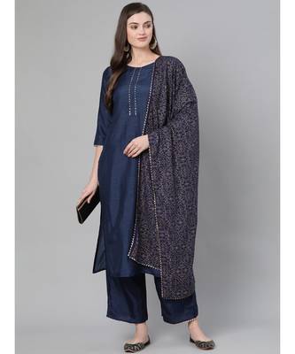 Indo Era Navy Blue Solid Straight Kurta Palazzo With Dupatta Sets 3