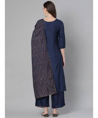 Indo Era Navy Blue Solid Straight Kurta Palazzo With Dupatta Sets 4