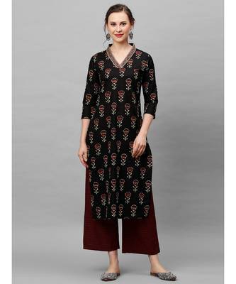 Indo Era Black Floral Printed Straight Kurta with Palazzo Set 1