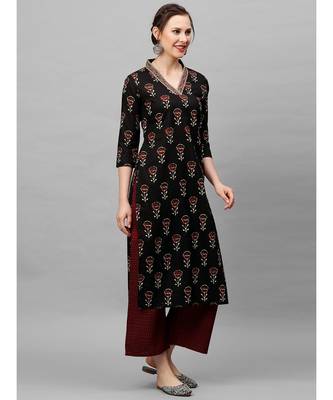 Indo Era Black Floral Printed Straight Kurta with Palazzo Set 3