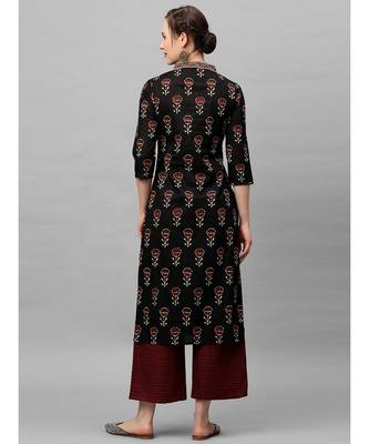 Indo Era Black Floral Printed Straight Kurta with Palazzo Set 4