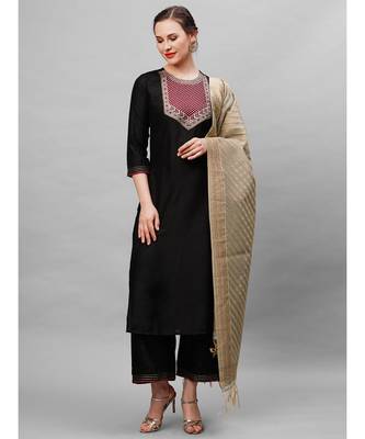Indo Era Black Solid Straight Kurta Palazzo With Dupatta Set 1