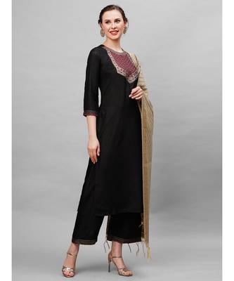 Indo Era Black Solid Straight Kurta Palazzo With Dupatta Set 2