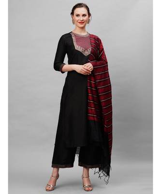 Indo Era Black Solid Straight Kurta Palazzo With Dupatta Set 1