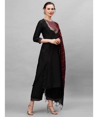 Indo Era Black Solid Straight Kurta Palazzo With Dupatta Set 2