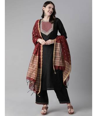 Indo Era Black Solid Straight Kurta Palazzo With Dupatta Set 1