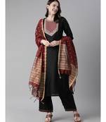 Indo Era Black Solid Straight Kurta Palazzo With Dupatta Set