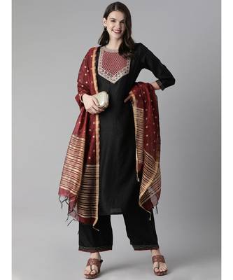 Indo Era Black Solid Straight Kurta Palazzo With Dupatta Set 4