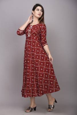 Maroon Bandhni Printed Rayon Gown Kurti 3