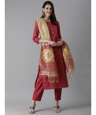 Indo Era Red Solid Straight Kurta Palazzo With Dupatta Set 1