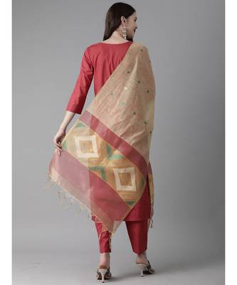 Indo Era Red Solid Straight Kurta Palazzo With Dupatta Set 2