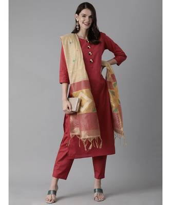 Indo Era Red Solid Straight Kurta Palazzo With Dupatta Set 4