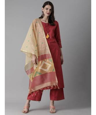 Indo Era Red Embroidered Straight Kurta Palazzo With Dupatta Set 1