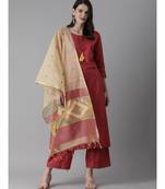 Indo Era Red Embroidered Straight Kurta Palazzo With Dupatta Set