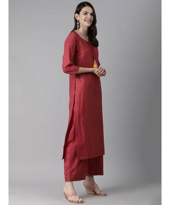 Indo Era Red Embroidered Straight Kurta Palazzo With Dupatta Set 3
