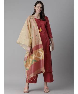 Indo Era Red Embroidered Straight Kurta Palazzo With Dupatta Set 4