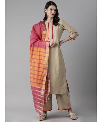 Indo Era Beige Solid Straight Kurta Palazzo With Dupatta Set 1