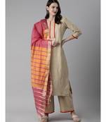 Indo Era Beige Solid Straight Kurta Palazzo With Dupatta Set