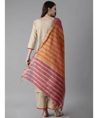 Indo Era Beige Solid Straight Kurta Palazzo With Dupatta Set 2