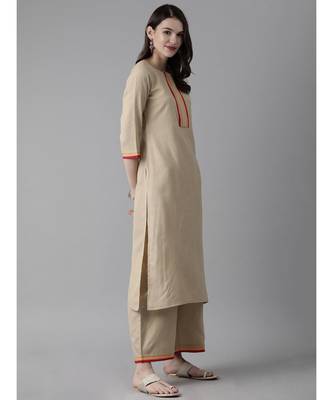 Indo Era Beige Solid Straight Kurta Palazzo With Dupatta Set 3