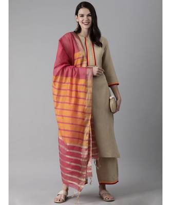 Indo Era Beige Solid Straight Kurta Palazzo With Dupatta Set 4