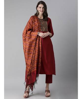 Indo Era Red Solid Straight Kurta Trouser With Dupatta Set 1