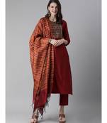 Indo Era Red Solid Straight Kurta Trouser With Dupatta Set