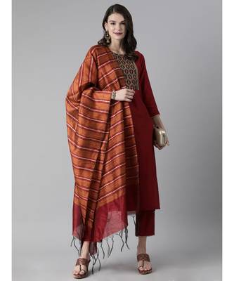 Indo Era Red Solid Straight Kurta Trouser With Dupatta Set 4