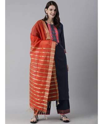Indo Era Navy Blue Solid Straight Kurta Palazzo With Dupatta Set 1