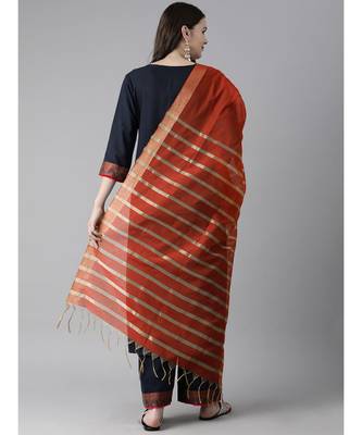 Indo Era Navy Blue Solid Straight Kurta Palazzo With Dupatta Set 2