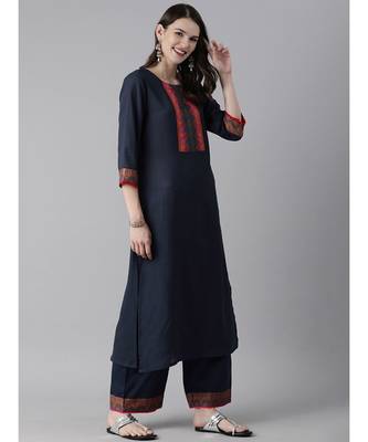 Indo Era Navy Blue Solid Straight Kurta Palazzo With Dupatta Set 3