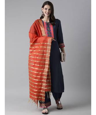 Indo Era Navy Blue Solid Straight Kurta Palazzo With Dupatta Set 4