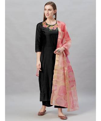 Indo Era Black Embroidered Straight Kurta Palazzo With Dupatta Set 1