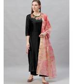 Indo Era Black Embroidered Straight Kurta Palazzo With Dupatta Set