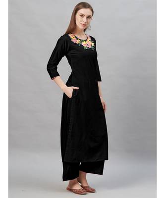 Indo Era Black Embroidered Straight Kurta Palazzo With Dupatta Set 2