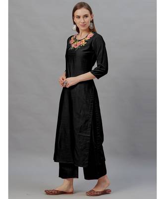 Indo Era Black Embroidered Straight Kurta Palazzo With Dupatta Set 3
