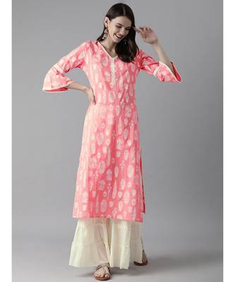Indo Era Pink Foil Printed Straight Kurta Palazzo Set 1
