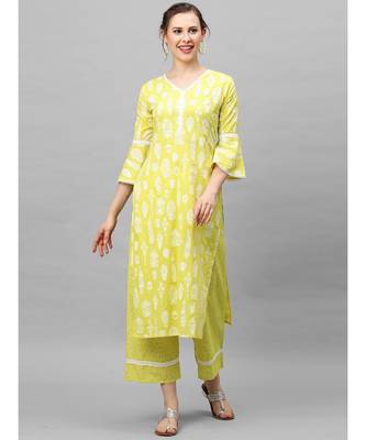 Indo Era Yellow Foil Printed Straight Kurta Palazzo Set 1