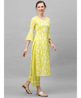 Indo Era Yellow Foil Printed Straight Kurta Palazzo Set 2