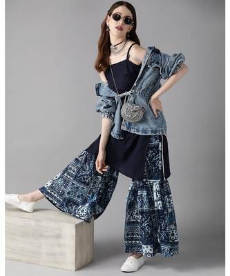 Indo Era Blue Solid Straight Kurta With Printed Sharara Sets 1