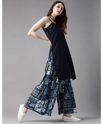 Indo Era Blue Solid Straight Kurta With Printed Sharara Sets 3