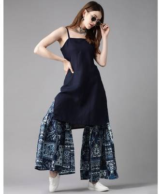 Indo Era Blue Solid Straight Kurta With Printed Sharara Sets 4