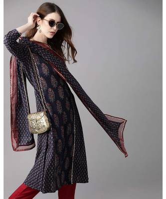 Indo Era Navy Blue Printed A-line Kurta Trouser With Dupatta Sets 1