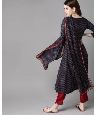 Indo Era Navy Blue Printed A-line Kurta Trouser With Dupatta Sets 2
