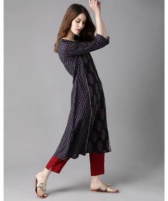 Indo Era Navy Blue Printed A-line Kurta Trouser With Dupatta Sets 3